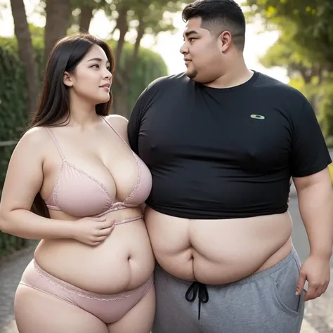 ((1 man, 1 woman)), 186cm 105kg male, Women weighing more than 100kg, Severely obese woman, 초Severely obese woman, A friendly obese man and woman couple, Facing each other, chest and stomach touching, Abdominal exposure, severe abdominal obesity, Women are...