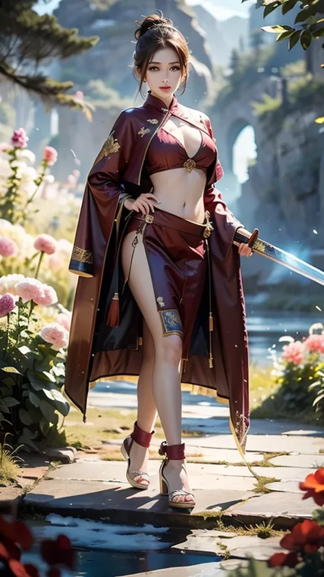 
(well-structured),HDR,UHD,8k,1 girl, her crimson robe decorated with elegant flowers. Her legs were wrapped in beautiful flowers, and she held her slender sword. Her eyes were as cold as ice, and her dance was as light as the wind. In the valley of flower...