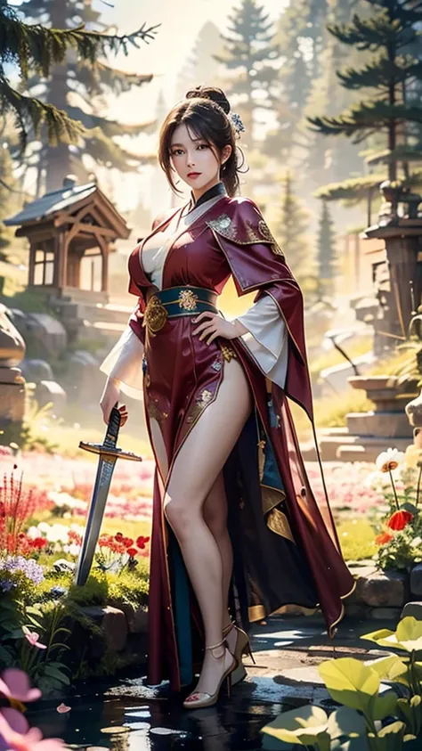 (well-structured),hdr,uhd,8k,1 girl, her crimson robe decorated with elegant flowers. her legs were wrapped in beautiful flowers...