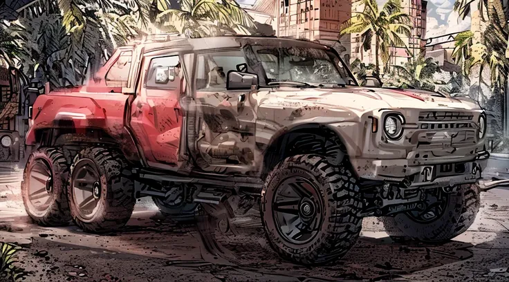 ((best quality)), ((masterpiece)), highly detailed, 8k, red 6x6 heavy pickup truck, red dirty matte paint, boxy angles, boxy 80s...