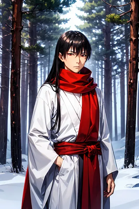 asian man z wears a white kimono, a red scarf, two katanas and several blades around a strap, black hair, red eyes, long hair, t...