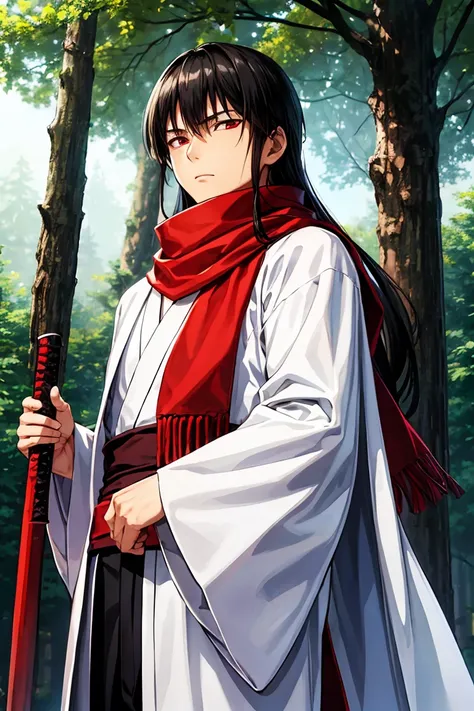 asian man z wears a white kimono, a red scarf, two katanas and several blades around a strap, black hair, red eyes, long hair, t...