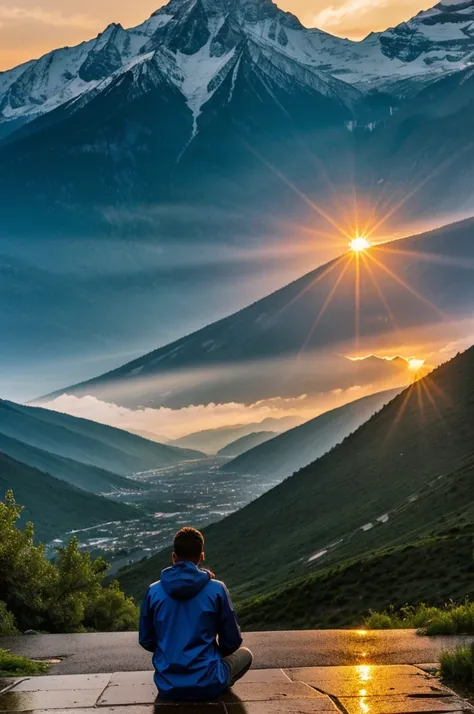 Someone in the rain between two mountains watching the sunset sun