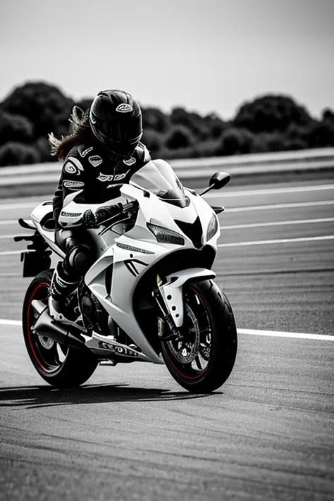 Arafed woman riding a motorcycle on a track black and white silhouette racing honda cbr long hair in wind