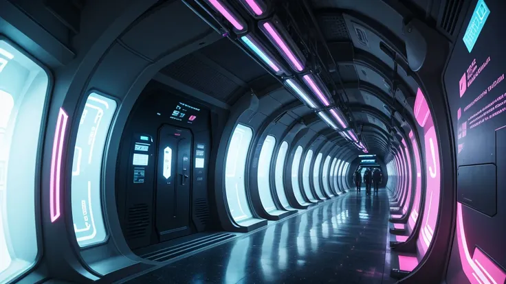 a close up of a all-glass transparent quiet open-air tunnel with neon lights in the dark, spaceship hallway background, spaceship hallway, depicted as a scifi scene, futuristic lighting, futuristic setting, futuristic cyber subway station, claustrophobic a...