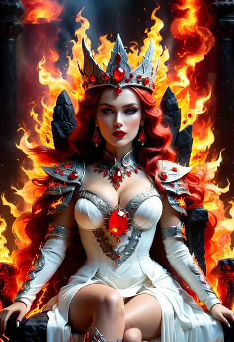 icture of a fire queen sitting on her fiery throne, a (fire queen: 1.2) wearing white dress, royal dress, glamorous dress, dynamic hair, she wear a crown, bold intense eyes, extremely exquisite beautiful queen, perfect body, (anatomically correct: 1.3), ul...