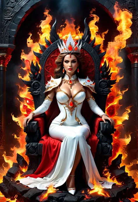 icture of a fire queen sitting on her fiery throne, a (fire queen: 1.2) wearing white dress, royal dress, glamorous dress, dynamic hair, she wear a crown, bold intense eyes, extremely exquisite beautiful queen, perfect body, (anatomically correct: 1.3), ul...