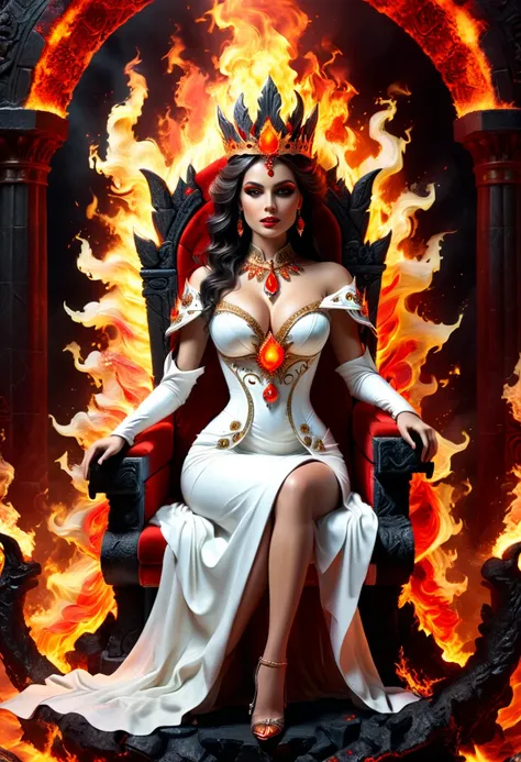 icture of a fire queen sitting on her fiery throne, a (fire queen: 1.2) wearing white dress, royal dress, glamorous dress, dynamic hair, she wear a crown, bold intense eyes, extremely exquisite beautiful queen, perfect body, (anatomically correct: 1.3), ul...