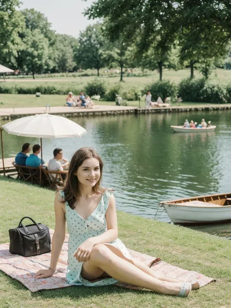 her name is Elle, high quality, 1girl, ((20-year-old fit Caucasian woman)), ((20 years old)), ((fit)), ((pale skin)), short length straight dark hair , wearing Pastel Mint Polka Dot Sundress, pose: sitting on a chair, background: Capture the serene beauty ...