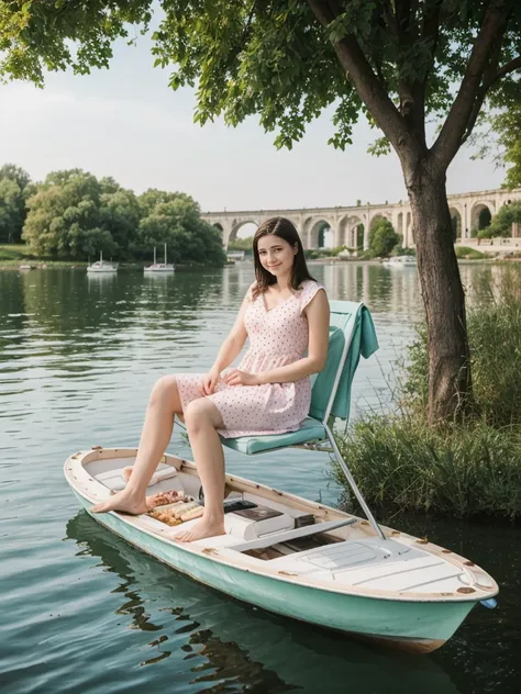 her name is Elle, high quality, 1girl, ((20-year-old fit Caucasian woman)), ((20 years old)), ((fit)), ((pale skin)), short length straight dark hair , wearing Pastel Mint Polka Dot Sundress, pose: sitting on a chair, background: Capture the serene beauty ...