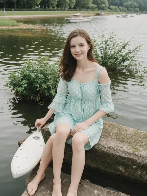 her name is Elle, high quality, 1girl, ((20-year-old fit Caucasian woman)), ((20 years old)), ((fit)), ((pale skin)), short length straight dark hair , wearing Pastel Mint Polka Dot Sundress, pose: sitting on a chair, background: Capture the serene beauty ...