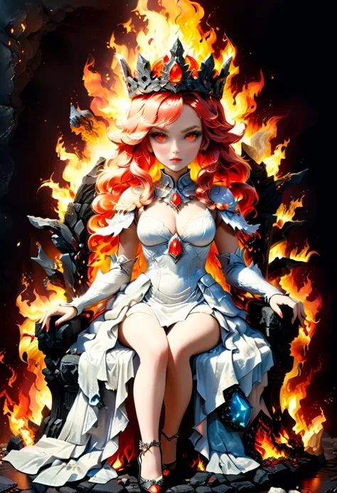 icture of a fire queen sitting on her fiery throne, a (fire queen: 1.2) wearing white dress, royal dress, glamorous dress, dynamic hair, she wear a crown, bold intense eyes, extremely exquisite beautiful queen, perfect body, (anatomically correct: 1.3), ul...