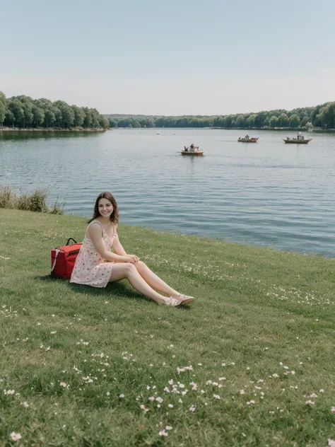 her name is Elle, high quality, 1girl, ((20-year-old fit Caucasian woman)), ((20 years old)), ((fit)), ((pale skin)), short length straight dark hair , wearing Pastel Mint Polka Dot Sundress, pose: sitting on a chair, background: Capture the serene beauty ...