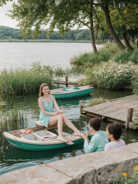 her name is Elle, high quality, 1girl, ((20-year-old fit Caucasian woman)), ((20 years old)), ((fit)), ((pale skin)), short length straight dark hair , wearing Pastel Mint Polka Dot Sundress, pose: sitting on a chair, background: Capture the serene beauty ...