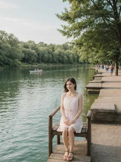 her name is Elle, high quality, 1girl, ((20-year-old fit Caucasian woman)), ((20 years old)), ((fit)), ((pale skin)), short length straight dark hair , wearing Pastel Mint Polka Dot Sundress, pose: sitting on a chair, background: Capture the serene beauty ...