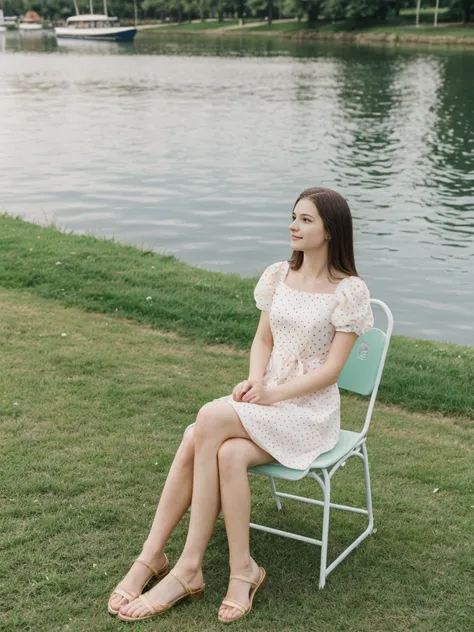 her name is Elle, high quality, 1girl, ((20-year-old fit Caucasian woman)), ((20 years old)), ((fit)), ((pale skin)), short length straight dark hair , wearing Pastel Mint Polka Dot Sundress, pose: sitting on a chair, background: Capture the serene beauty ...