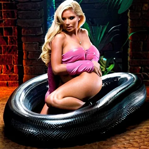 Pink thong Happy Horny, aroused 1girl), beautiful kneeling blonde young teen girl  with  giant colossal black titanboa squeezing her hard, wrapped in thick spiraling coils, constricted, struggle, gasping for air, snake attack, snake peril, moonless night, ...