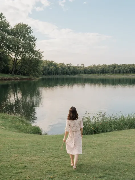 her name is Elle, high quality, 1girl, ((20-year-old fit Caucasian woman)), ((20 years old)), ((fit)), ((pale skin)), short length straight dark hair , wearing Pastel Mint Polka Dot Sundress, pose: standing, background: Capture the serene beauty of a lakes...