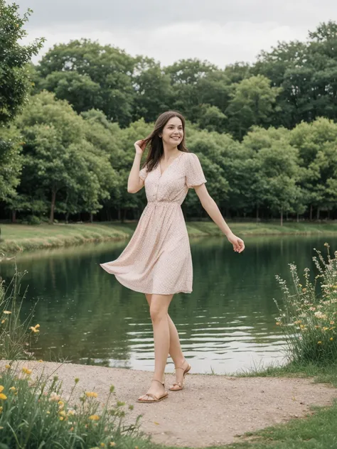 her name is Elle, high quality, 1girl, ((20-year-old fit Caucasian woman)), ((20 years old)), ((fit)), ((pale skin)), short length straight dark hair , wearing Pastel Mint Polka Dot Sundress, pose: standing, background: Capture the serene beauty of a lakes...