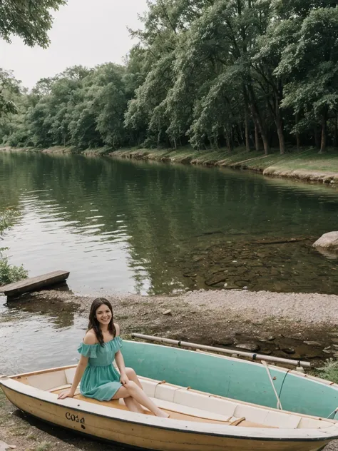 her name is Elle, high quality, 1girl, ((20-year-old fit Caucasian woman)), ((20 years old)), ((fit)), ((pale skin)), short length straight dark hair , wearing Pastel Mint Polka Dot Sundress, pose: standing, background: Capture the serene beauty of a lakes...