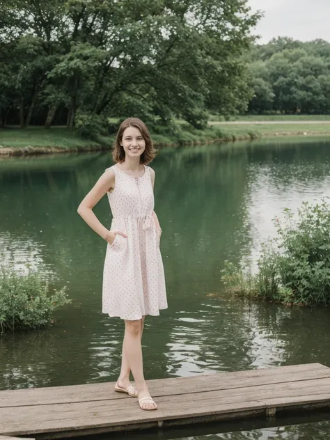 her name is Elle, high quality, 1girl, ((20-year-old fit Caucasian woman)), ((20 years old)), ((fit)), ((pale skin)), short length straight dark hair , wearing Pastel Mint Polka Dot Sundress, pose: standing, background: Capture the serene beauty of a lakes...