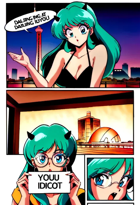 score_9, score_8_up, score_7_up, lum, retro artstyle, 1980s style, blue eyes, eyeshadow, green hair, long hair, bangs, tiny horn...