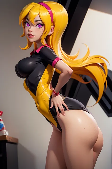 yellow hair, black dress, freckles, lipstick, big boobs, purple eyes, Lucy Mann, big ass, seductive pose, solo, tight outfit, masterpiece, high quality, humanoid, ultra 4k