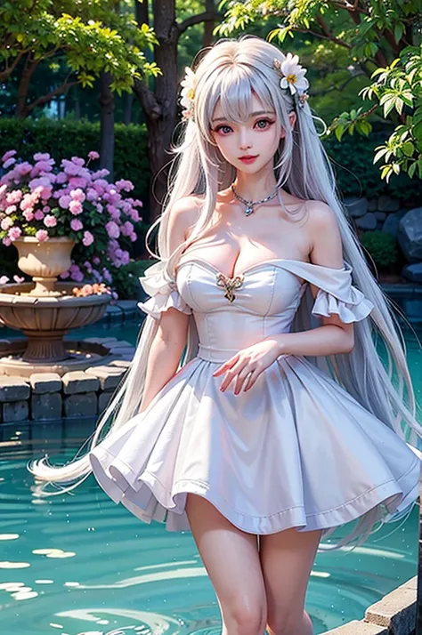 (Image above the chest)((masterpiece:1.5,Highest quality,Highly detailed images,Beautiful images、Realistic、Photorealistic、2.5D))(1girl, 独奏,)(Adult women、large breasts, white hair, beautiful eyes、Beautiful cleavage)(Off-the-shoulder dress、black dress:1.5, D...