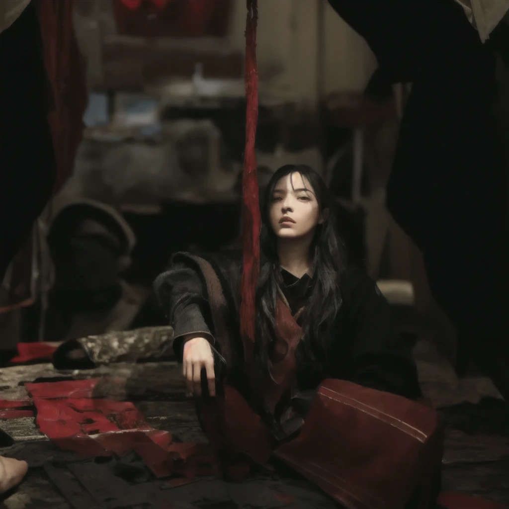 A woman sitting on the floor in a room covered with red cloth, ファンタジーMovie stills, Super villain IU Lee Ji-eun, Cinematic. Ren Jun, red and Cinematic lighting, 実写Movie stills, Inspired by Rouki, A long, torn red cloak, Movie stills, Hanfu, Inspired by Chen...