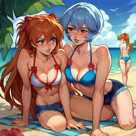 score_9, score_8_up, score_8_up, source_anime, sequence, comic, 8-panel, 2girls, Asuka Langley Soryu and Rei Ayanami, yuri, girlfriends, on a romantic date, hair ornament, flowing hair, cleavage, bikini, shorts, beach, outdoors, parted lips, innocent face,...