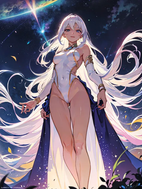 Astra, a giant of 75 meters, emerges from a star portal in the night, His dark skin shining with points of light like a starry sky. Her long, silver hair falls in soft waves over her shoulders.. Naked and cosmic, stands in a field, His posture is majestic ...