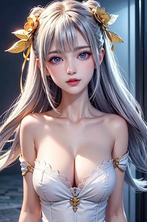 (Close-up image)((masterpiece:1.5,Highest quality,Highly detailed images,Beautiful images、Realistic、Photorealistic、2.5D))(1girl, 独奏,)(Adult women、medium beautiful breasts, white hair, beautiful eyes、Beautiful cleavage)(cleavage_cutout, silk, Long dress)(sm...