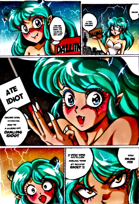 score_9, score_8_up, score_7_up, lum, retro artstyle, 1980s style, blue eyes, eyeshadow, green hair, long hair, bangs, tiny tigerstripped horns, aqua hair, dynamic angle, large round clear aviator glasses, (holding a sign with, text as "DARLING you IDIOT!"...