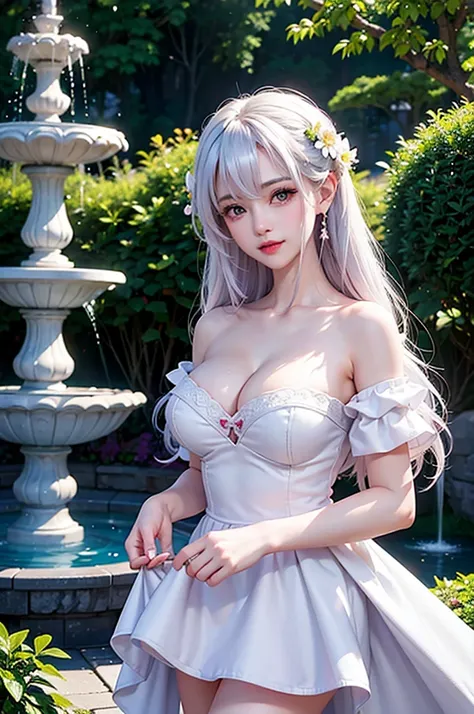 (Image above the chest)((masterpiece:1.5,Highest quality,Highly detailed images,Beautiful images、Realistic、Photorealistic、2.5D))(1girl, 独奏,)(Adult women、large breasts, white hair, beautiful eyes、Beautiful cleavage)(Off-the-shoulder dress、black dress:1.5, D...