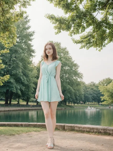 her name is Elle, high quality, 1girl, ((20-year-old fit Caucasian woman)), ((20 years old)), ((fit)), ((pale skin)), short length straight dark hair , wearing Pastel Mint Polka Dot Sundress, pose: standing, background: Capture the serene beauty of a lakes...