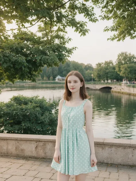 her name is Elle, high quality, 1girl, ((20-year-old fit Caucasian woman)), ((20 years old)), ((fit)), ((pale skin)), short length straight dark hair , wearing Pastel Mint Polka Dot Sundress, pose: standing, background: Capture the serene beauty of a lakes...