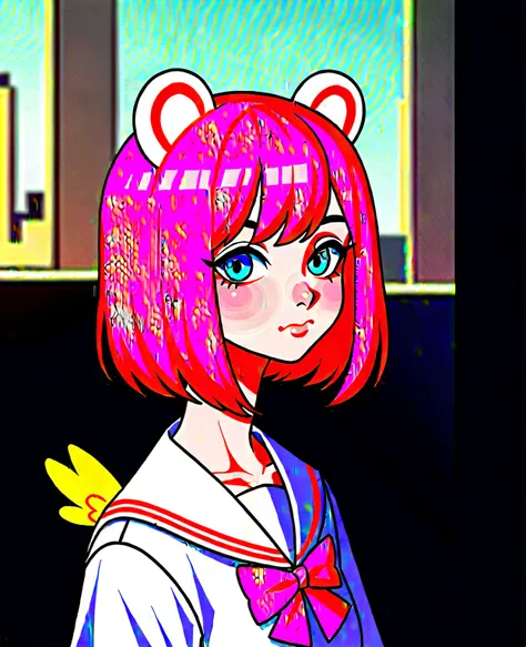 skistyle, 1girl, solo, pink hair, animal ears, blue eyes, wings, looking at viewer, bangs, short hair, bow, sailor collar, white sailor collar, hair bow, pink bow, closed mouth, shirt, white shirt, bear ears, bob cut, mini wings, portrait, detached wings, ...