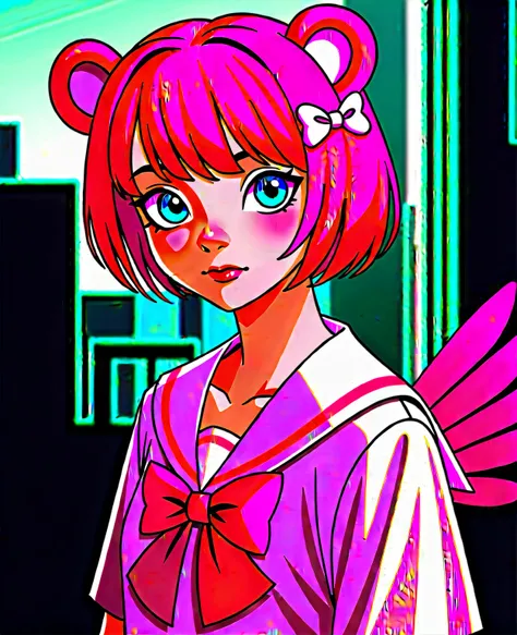 skistyle, 1girl, solo, pink hair, animal ears, blue eyes, wings, looking at viewer, bangs, short hair, bow, sailor collar, white sailor collar, hair bow, pink bow, closed mouth, shirt, white shirt, bear ears, bob cut, mini wings, portrait, detached wings, ...