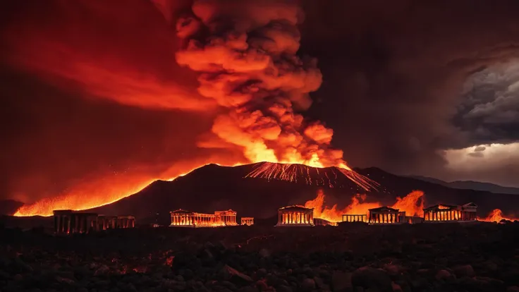 exterior of burning Greek temples, buildings on fire, fire in the sky, brimstone mountains, fire, smoke, lava, volcanos, flaming fields of torment, wildfires, hell, dark red storm clouds, night time darkness, inferno, background