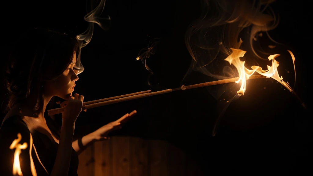 A stunning photorealistic image of an upright wooden match whose smoke resembles the vague silhouette of the female form. Set against a black background.