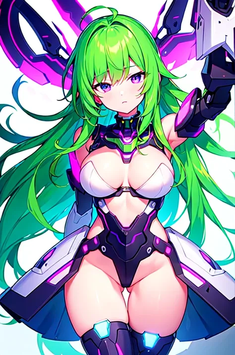 [(WHITE BACKGROUND:1.5),::5], ((((masterpiece)))), high quality, ultra very high resolution, full color, (((solo))), ((Mecha musume)), Mecha girl, ((Green hair)), (Purple eyes), anime, upper body, neon light, cyborg body, (Purple neon effect:1.2)