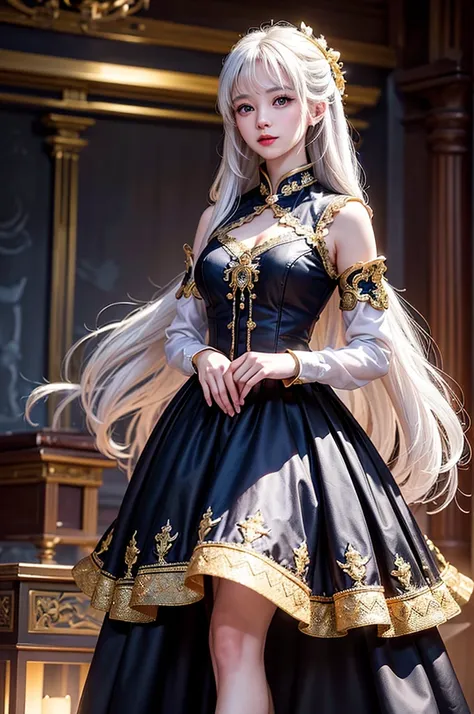 (Image above the chest)((masterpiece:1.5,Highest quality,Highly detailed images,Beautiful images、Realistic、Photorealistic、2.5D))(1girl, 独奏)(Adult women、large breasts, white hair, beautiful eyes、Beautiful cleavage)(Fantasy dresses、Fantasy Clothes、Black batt...