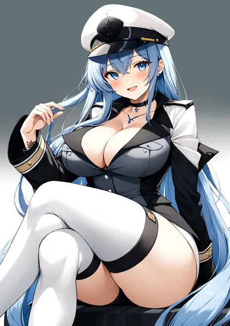 1girl, solo, long hair, breasts, looking at viewer, blush, smile, open mouth, blue eyes, large breasts, thighhighs, hat, cleavage, sitting, very long hair, blue hair, boots, choker, uniform, white thighhighs, military, military uniform, tattoo, thigh boots...