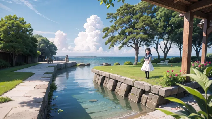 (masterpiece),  The sea seen from the town,  blue sky, summer, A girl in the distance,  smile,  alone,  Sailor suit、Long skirt,  Overgrown,  petal,  plant、Skirt lining、Translucent slip、nostalgic、Black Pantyhose