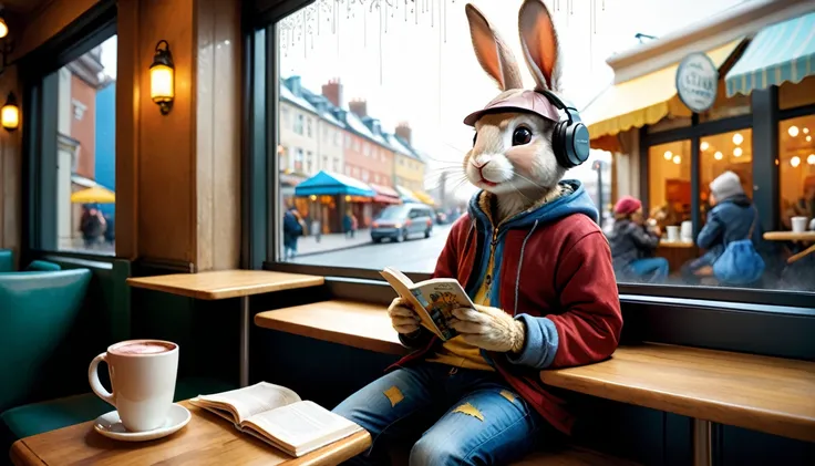 (photography film style), (((raining))), anthropomorphic, cute young rabbit, casually dressed, sitting by a window in a cafe, drinking hot chocolate, listening to music on headphones, (reading a book), 2D, colorful, warm atmosphere, glossy, Jean-Baptiste M...