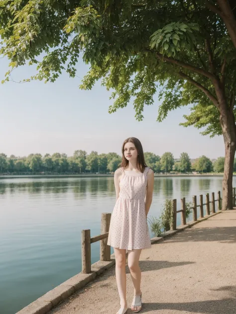 her name is Elle, high quality, 1girl, ((20-year-old fit Caucasian woman)), ((20 years old)), ((fit)), ((pale skin)), short length straight dark hair , wearing Pastel Mint Polka Dot Sundress, pose: standing, background: Capture the serene beauty of a lakes...