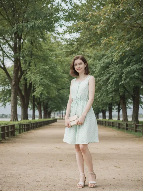 her name is Elle, high quality, 1girl, ((20-year-old fit Caucasian woman)), ((20 years old)), ((fit)), ((pale skin)), short length straight dark hair , wearing Pastel Mint Polka Dot Sundress, pose: standing, background: Capture the serene beauty of a lakes...