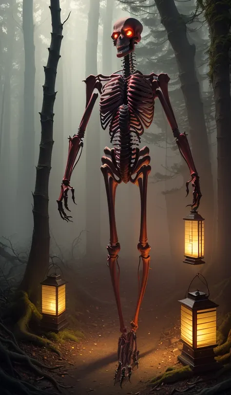 (Award-winning masterpiece:1.5), (incredible detail), (hyper realistic:1.4), (whole body:1.7), (creature emerging from darkness), (tall and skeletal figure), (disproportionately long limbs), (glowing red eyes reflecting lantern light), (dark forest), (dram...