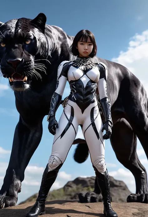 Ultra-high resolution、Ultra HD、8K、Realistic live action、style of yoshitaka amano ~ Anime girl as rider Anime girl posing. Standing next to a huge, ferocious black panther.Surrealist. Bright white and black with sharp shadows, Reminiscent of Boyce and Senke...