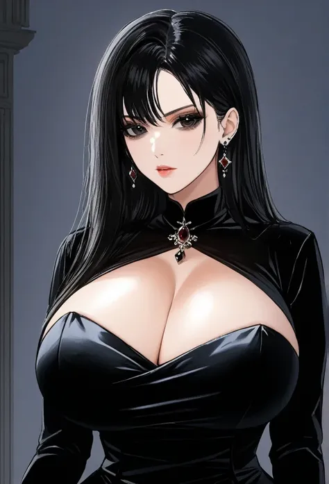 an  woman with the bearing of a madame in a velvet dress , with black eyes ,Gothic,big breasts , earrings , sharp jawline 